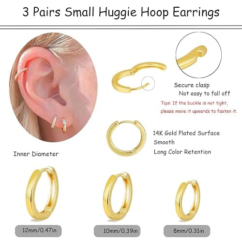 micuco 3 Pairs Small Hoop Earrings Set for Women, 14K Gold Plated Huggie Hoop Earrings for Men, Tiny Cartilage Hypoallergenic Earring Set thumbnail 9