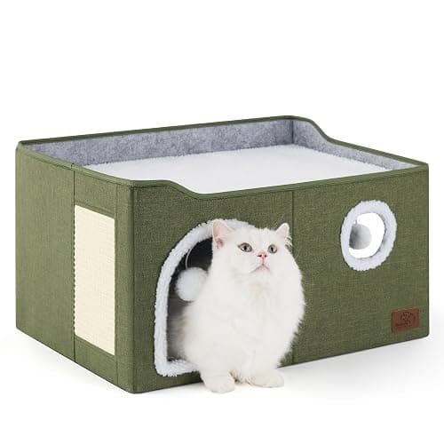Bedsure Large Cat Beds for Indoor Cats - Extra Wide Cat Cube House for Small Pet with Fluffy Ball Hanging and Scratch Pad, Foldable Pet Cave Hideaway for Multiple Cats, 23.6x16.9x13 inches thumbnail 2