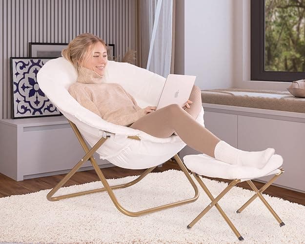 Milliard Cozy Chair/Faux Fur Saucer Chair for Bedroom/X-Large (White + Footrest) thumbnail 2