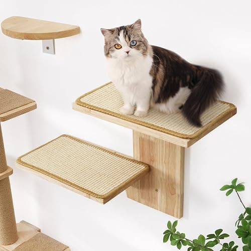 FUKUMARU Cat Wall Shelves, 2 Platform Cat Wall Furniture, Tree Shape Wall-Mounted Cat Floating Shelf with Sisal Mat, Solid Rubber Wood Cat Perch for 16 Inch Drywall, Suitable for Climb, Play, NapQQ thumbnail 2