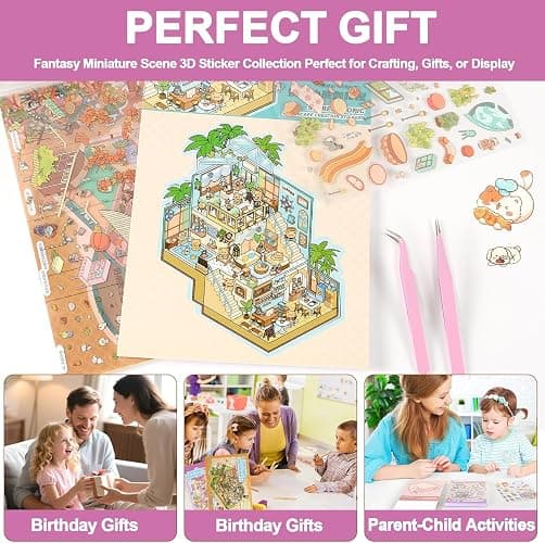 3D Sticker Scene Book,Miniature Craft Kit with 9 Sticker Sheets & 6 Cozy Room Cards for Kids and Adults DIY thumbnail 5