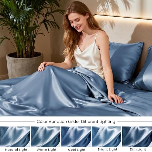 Love's cabin Satin Queen Sheets Set - 4 Piece Ash Blue Silky Bed Sheets Set with Deep Pocket, Luxury Silk Feel Satin Queen Size Sheet Set (1 Flat Sheet,1 Fitted Sheet,2 Pillow Cases) thumbnail 7
