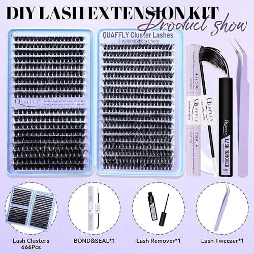 QUAFFLY Lash Extension Kit - Reusable Cluster Lashes Extension Kit with 666 PCS Fluffy Lash Clusters and Tweezers & Bond&Seal & Remover, Natural DIY Lash Clusters for Beginners (60+80+100-kit) thumbnail 2