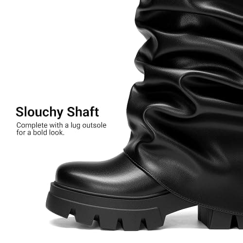 DREAM PAIRS Women's Fold Over Platform Chunky Heel Boots For Concerts Wear Ruched Mid Calf Slouchy Fashion Boots with Wide Calf Fit thumbnail 6