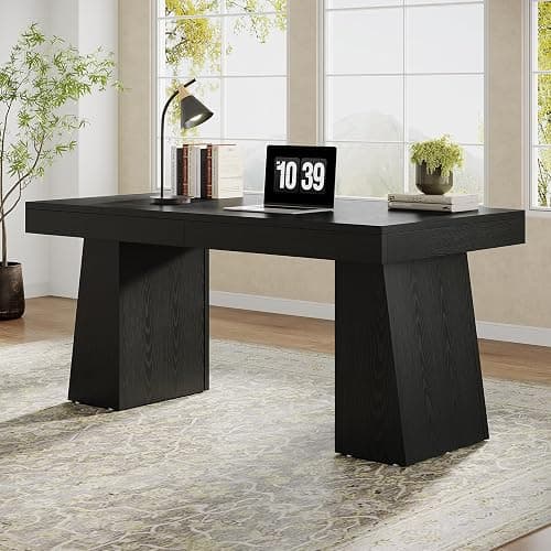 Tribesigns 55" Executive Desk, Wooden Office Desk with Double Pedestal, Modern Simple Computer Writing Table for Home Office, Black - Image 1
