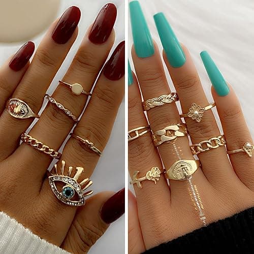 IFKM Gold Plated Jewelry Set for Women,14k Gold Plated Multi Layer Necklaces Stackable Bangle Bracelets Stackable Knuckle Rings Hoop Earrings Set Anniversary Trendy Elegance Charms Anniversary Birthday Jewelry Gift thumbnail 6