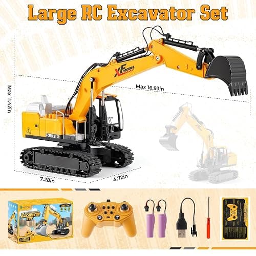 V-Opitos RC Excavator Toys for Boys Age 3, 4, 5, 6, 7, 8, 9, 10+ Years Old, 13CH Excavable Remote Control Construction Toys with Alloy Shovel/Lights/Sounds, Ideal Christmas Birthday Gifts for Kids thumbnail 2