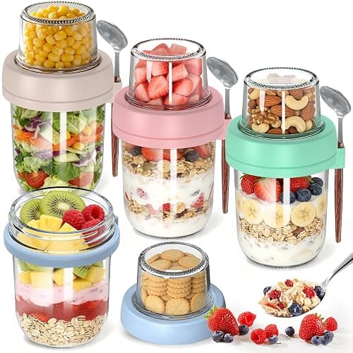 4 Pack Overnight Oats Containers with Lids and Spoons, 20 oz (16+4) Overnight Oats Jars, Glass Mason Jars with Dry and Wet Separation for Oatmeal Salad Yogurt, Dual-Layer Yogurt Containers with Lids - Image 1