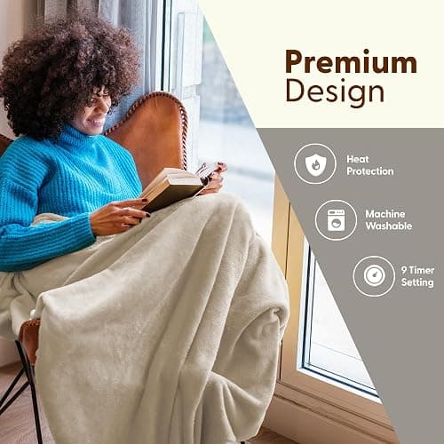 KEPLIN Large Electric Heated Throw Blanket - Electric Heated Blanket Throw for Bedspread 9 Heat Settings & Timer, Machine Washable Fleece Wool Duvet with 1 Year Warranty - Cream/Cream Sherpa thumbnail 3