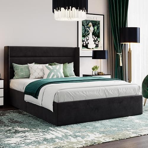 SHA CERLIN Queen Size Lift Up Storage Bed/Velvet Upholstered/Modern Wingback Headboard/Upholstered Platform Bed Frame/Hydraulic Storage/No Box Spring Needed/Black thumbnail 8