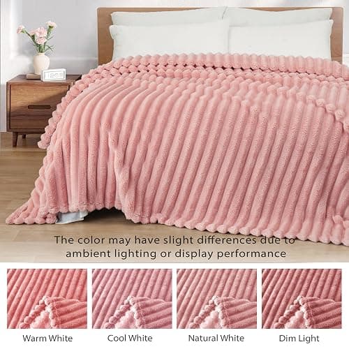 Exclusivo Mezcla Fleece Throw Blanket for Couch, Super Soft Striped Jacquard Bed Blanket, Lightweight Fuzzy Cozy for All Seasons, 127x152 CM, Pink thumbnail 3