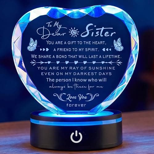 Ghtixsu Sister Gifts Crystal Keepsake with LED Base, Laser Engraved Sister Gift from Sister, Soul Sister Presents for Women, Unique Big Sister Birthday Gifts for Girls, Best Sister Ever Gifts - Image 1