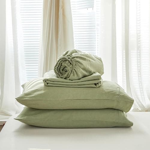 Simple&Opulence 100% French Linen Sheet Set Breathable Durable for Hot Sleepers Bedding 4 pcs - 1 Flat Sheet,1 Fitted Sheet,2 Pillowcases with Hemstitch Lace Embroidery Design (Sage Green, Queen) thumbnail 9
