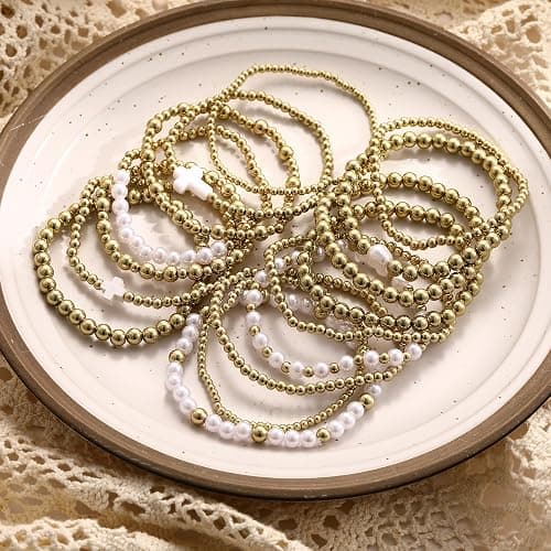 Pls Back 16 PCS Gold Bead Pearl Bracelet for Women, Gold Plated Beaded Strand Bead Ball Bracelets stack Adjustable Jewelry Set for Gifts thumbnail 6