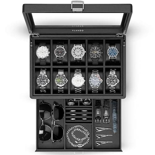 Vlando Watch Box 10 Slots, Lockable Watch Case with Textured Leather, 2 Layer Watch Holder for Rings, Glasses, Mens Jewelry Box with Glass Lid, Removable Divider, Gifts for Father, Husband, Black - Image 1