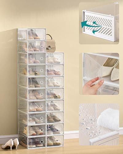 SONGMICS Stackable Shoe Boxes, Foldable Shoe Storage Organizers, Ventilated, for Max. Men's Shoes US Size 9 or Women's Shoes US Size 11, Sneakers, Set of 12, Transparent and White ULSP106W12V2 thumbnail 5