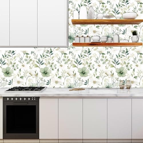 Akodm Sage Green Floral Peel and Stick Wallpaper Self Adhesive Removable Modern for Bedroom Accent Wall Renter Friendly Thick Watercolor Natural Flower Wallpaper 17.7" x 393.7" thumbnail 7