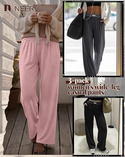 Neer 3 Pack Women's Cotton Lounge Pants High Waisted Wide Leg Yoga Pants Casual Comfy Athletic Loose Sweatpants with Pockets thumbnail 3