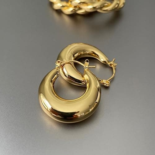 Chunky Gold Hoop Earrings for Women, 14k Gold Plated Thick Triple Hoop Earrings Hypoallergenic Trendy Chunky Gold Hoops Earrings Dainty Jewelry Gifts for Women thumbnail 6