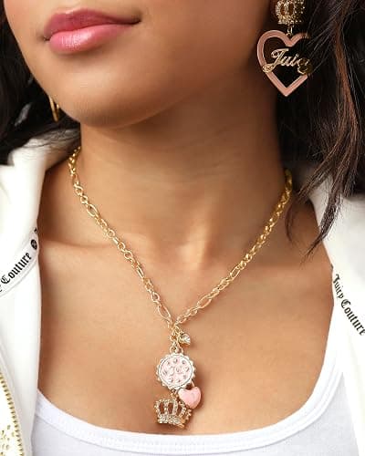 Juicy Couture Charm Necklace for Women, 16-18"+2" Gold-Tone Necklace Juicy Logo Charms with Pink Enamel and Clear Crystals thumbnail 2