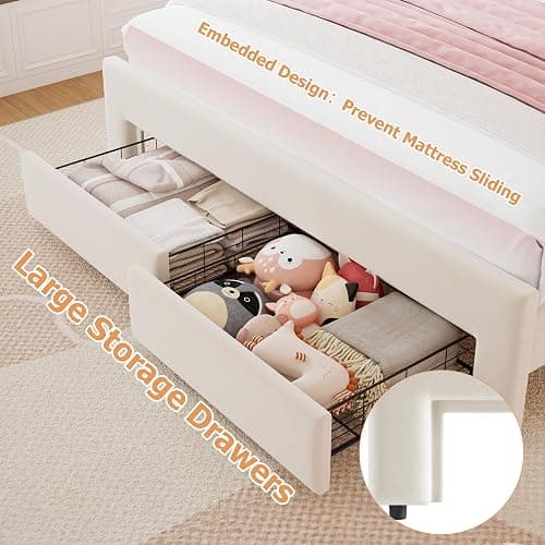 Full Upholstered LED Bed Frame with 2 Storage Drawers and Adjustable Chic Double Wavy Headboard, Velvet Princess Platform Bed with Charing Station, Solid Wood Slats Support,No Box Spring Needed,Beige thumbnail 4