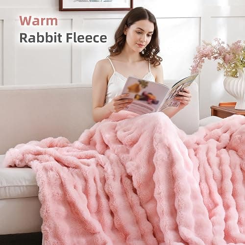 Smoofy Faux Fur Throw Blanket for Couch – Blush Pink Fluffy Cozy Rabbit Fleece, Plush Soft Bubble Blanket for Sofa & Bed, for Mom, Warm Fuzzy Home Room Decor Throw 50" x 60" thumbnail 4