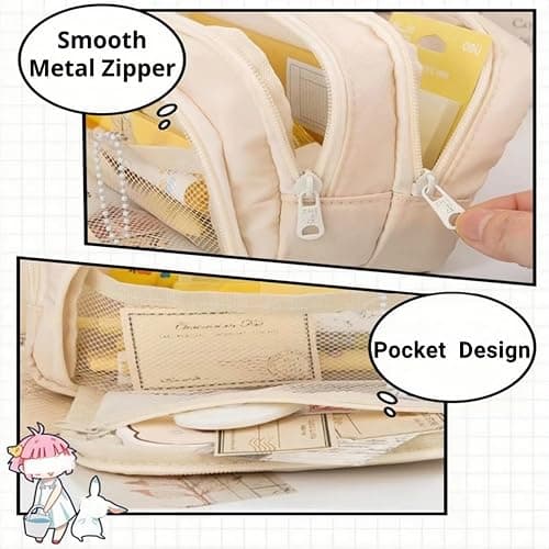 Onlvye Big Capacity Pencil Case 3 Compartments Large Pencil Pouch Pen Bag Pencil Box Holder Organizer Simple Storage Aesthetic Stationery Cosmetic for Adults Men Women Office Essentials (White) thumbnail 7
