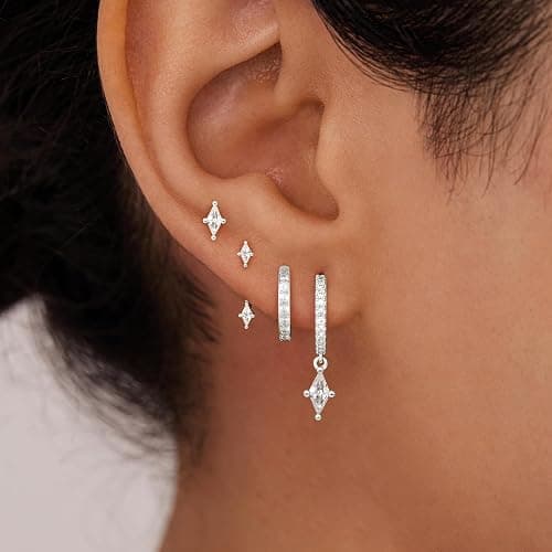 Silver Stud Hoop Earrings Set for Women, Trendy Dangle Jacket Huggie Stacks for Multiple Piercing, Hypoallergenic Cartilage Jewelry Gifts White CZ Geometrical Drop thumbnail 4