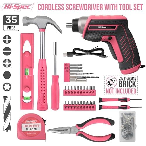 Hi-Spec 35pc Pink Tool Kit with 3.6V USB Electric Screwdriver and Drill Set. Complete Women Tool Set - 3.6V - Pink 1 thumbnail 2