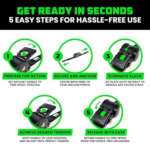 Rhino USA Retractable Ratchet Straps (4-Pack) - 1 Inch x 10 Feet (1,209lb Break Strength) - Auto Self Retracting Tie Down Straps for Truck, Cargo Trailer, Motorcycle, ATV, UTV - Black thumbnail 8