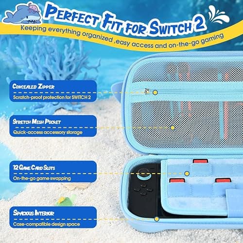 GeekShare Portable Carrying Case Compatible with Switch 2 (2025), Hard Storage Bag with 12 Game Card Slots, Cute Travel Case for Switch 2 Console and Accessories, Shark thumbnail 2
