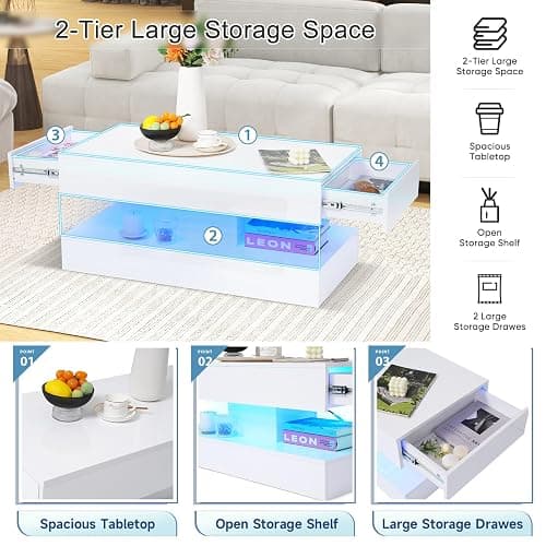 Verano Garden Modern High Gloss LED Coffee Table with Storage, 2-Tier Center Table with Open Display Shelf & 2 Sliding Drawers, Rectangle Coffee Tables for Living Room, Bedroom thumbnail 5