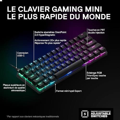 SteelSeries Apex Pro Mini Clavier Gamer 60% - Switches OmniPoint 2.0 HyperMagnetic - Actionnement Ajustable - Rapid Trigger - Rapid Tap/SOCD - Capuchons PBT - RVB - USB-C - Format FR AZERTY thumbnail 4