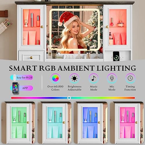 Xixini 43.3" Farmhouse Vanity Desk with LED Mirror, RGB Cabinets, White | Makeup Vanity Table with 6 Drawers, Storage Cabinets & Open Shelves, Power Outlet, 3 Light Modes & Dimmable for Women & Girls thumbnail 4