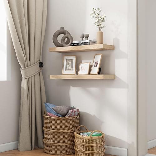fuqing Natural Wood Floating Shelves for Wall - 24 Inch Wood Shelves Set of 2 - Natural Wooden Wall Shelves for Living Room Bedroom Home Office thumbnail 7
