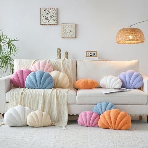 Mepherl White Seashell Throw Pillows,13 Inch Shell Shaped Pillows Decorative Throw Pillow,Soft Seashell Plush Pillow Cushion for Bed Couch Living Room Home Decor thumbnail 2