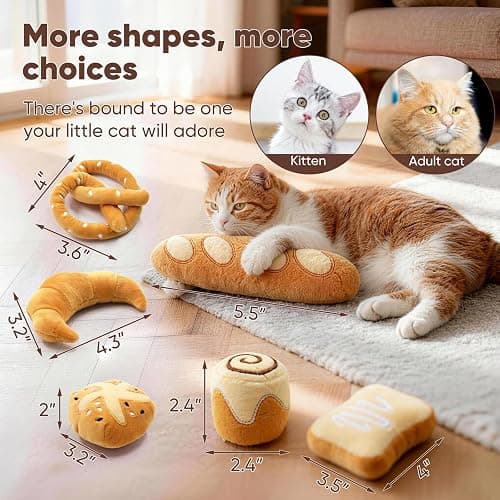 CiyvoLyeen Bread Catnip Toys, Cat Toy for Indoor Interactive Toys, Kitten Chew Bite Kick Toy Baguette Croissant Pretzel Toast Bun Cinnamon Roll Plush Catmint Pet Birthday Presents 6 Pack thumbnail 3