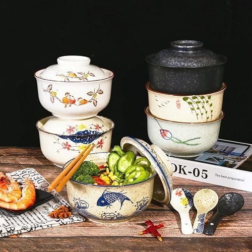 Ceraozmus Ceramic Ramen Bowl Set, 800ml, with Lid, Spoon and Chopsticks, Japanese Vintage Large Soup Bowls Instant Noodle Bowl Asian Tableware (Fish*1) thumbnail 7