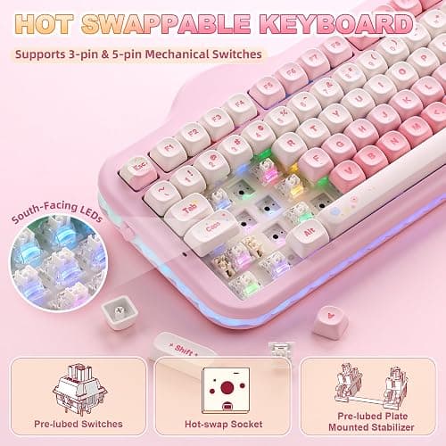 YUNZII C98 Wireless Mechanical Keyboard with Number Pad,99 Key BT5.0/2.4G/USB-C Hot Swap Gasket Mount with PBT MOA Keycaps,Custom RGB,Cute Cake Keyboard for Win/Mac (Pink, Milk V2 Linear Switch) thumbnail 5