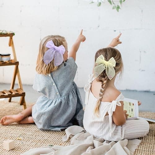 6 PCS Tulle Hair Bows for Girls, CN Toddler Bows with Glitter Star Alligator, Colorful Hair Barrettes Wedding Hair Accessories for Baby Girls Infants Toddler Teens Party (Type A) thumbnail 2