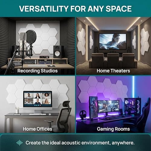 18 Pack Hexagon Acoustic Panels, 11.8 x 10.2 Inch Self Adhesive Sound Absorbing Panels, High Density Polyester Acoustic Wall Panels for Recording Studio, Home Office, Podcast Room, Gaming Room thumbnail 6