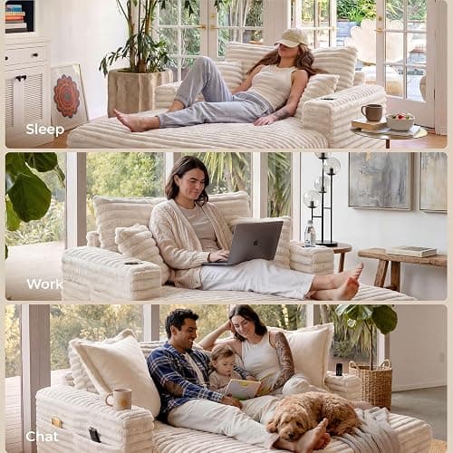 163cm Chaiselongue Sofa mit Massivholzrahmen, Big Loungesofa mit Liegefunktion für Wohnzimmer & Lese-Ecke, Einzelsessel aus Plüsch-Cord mit 2 Getränkehaltern & 4 Seitentaschen, 2 Sets Sofa-Füße, Beige thumbnail 9