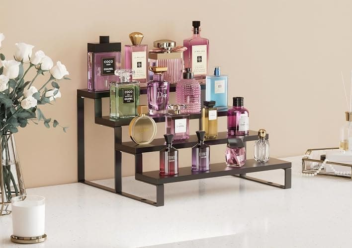 Wood Cologne Organizer for Men,12 Inch 4 Tier Cologne Stand Waterproof Perfume Organizer for Dresser with Anti-Slip Washers,Wooden Display Risers Stand for Party,Makeup,Figures,Cupcake,Perfume,Dessert thumbnail 4