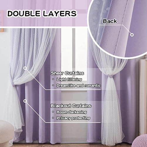 MYSKY HOME Cute Lilac Curtains for Girls Bedroom & Nursery Kids Purple Lavender Blackout Curtains Double Layer with Polka Dots Sheer, Grommet Tops, 52x84 Inch, 2 Panels thumbnail 5