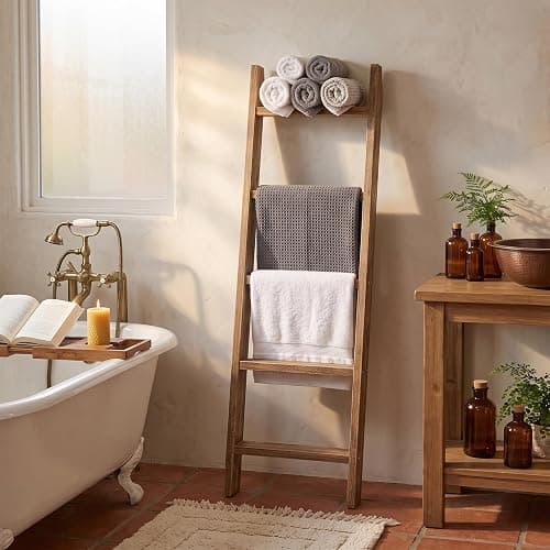 MyGift 4ft Tall Rustic Burnt Natural Wood Wall Leaning Blanket Ladder Shelf with 5 Rungs, Decorative Living Room Throw and Quilt Holder, Farmhouse Bedroom Decor thumbnail 4