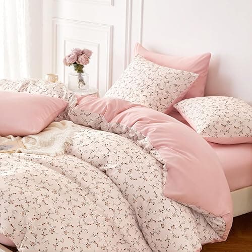Wake In Cloud - Floral Comforter Set, Coquette Cottagecore Aesthetic Cute Flower Pattern for Women Teen Girls, Soft Lightweight Dorm Bedding, 3 Pieces, Dusty Pink, Queen Size thumbnail 6