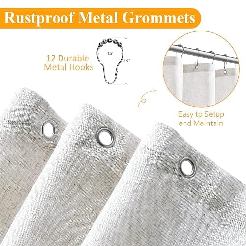 Naturoom Natural Linen Shower Curtain, Country Boho Farmhouse Bath Decor Shower Curtains Neutral Cloth Weighted Textured Fabric Bath Curtain Liner with Hooks, Beige White, 72x72 thumbnail 7
