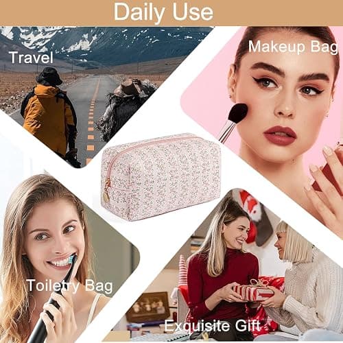 HHQQWZ Makeup Bag Travel Cosmetic Bag for Women Girls, Zipper Make Up Pouch, Floral Flowers Toiletry Organizer Makeup, Portable Storage Cosmetic Travel Cloth Bag (Pink) thumbnail 6