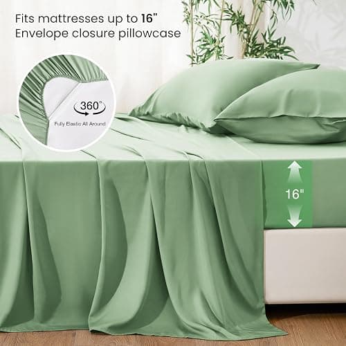 Love's cabin 4 Piece Full Size Sheet Set, 100% Rayon Derived from Bamboo, Cooling & Breathable, Soft Silky Deep Pocket up to 16", Hotel Luxury Bedding for Hot Sleepers, Sage Green thumbnail 4