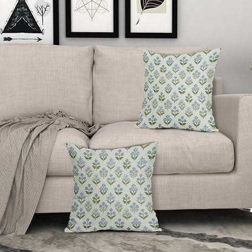 Sivirary Blue Green Block Print Pillow Covers 24x24 Inch Set of 2, Vintage Floral Spring Decorative Throw Pillow Cases Boho Cushion Covers Rustic Decoration Gift Farmhouse Sofa Couch Bed Decor thumbnail 2